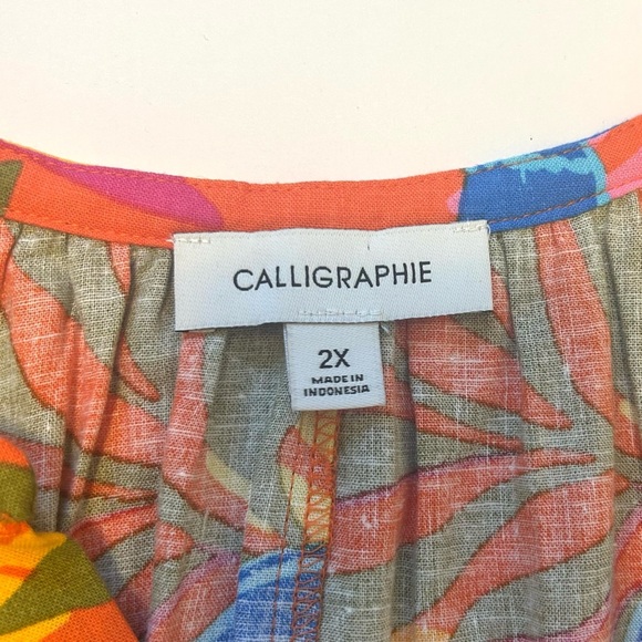 Calligraphie Floral Blouse Top Shirt Short Sleeve V-Neck Linen Women's 2X NEW - Picture 4 of 9